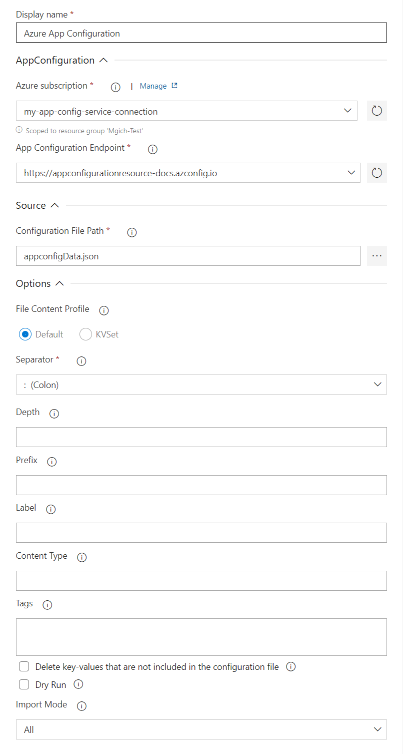 Capture d’écran montrant les paramètres de la tâche d’importation App Configuration.