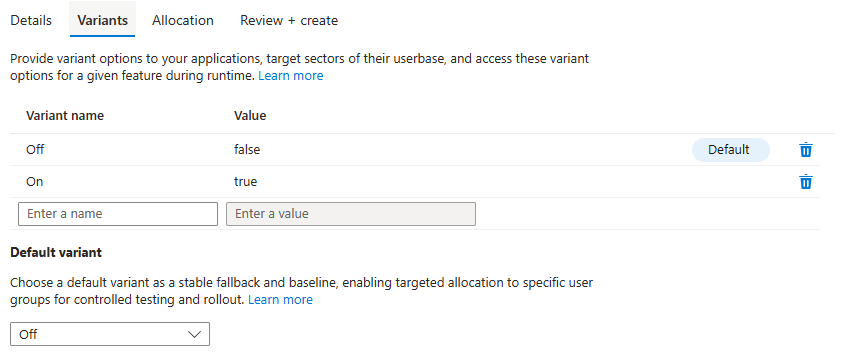 Capture d’écran de la plateforme Azure montrant l’onglet des variantes.