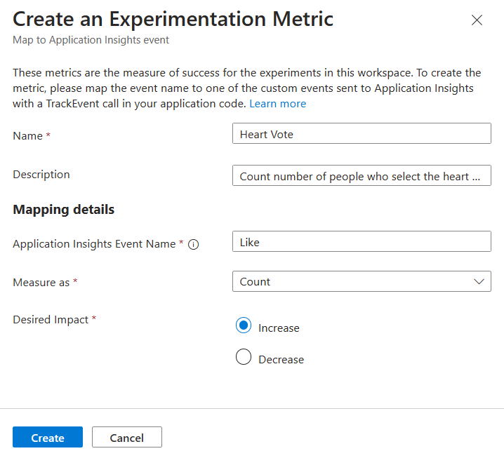 Capture d’écran du portail Azure montrant la création d’une métrique d’expérimentation.