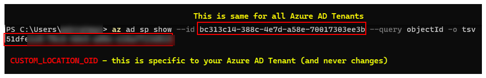 Une capture d’écran d’un terminal PowerShell qui montre az ad sp show --id <>.