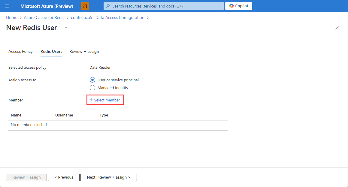 Capture d’écran montrant l’onglet Utilisateur Redis dans le volet Nouvel utilisateur Redis avec Sélectionner un membre mis en surbrillance.