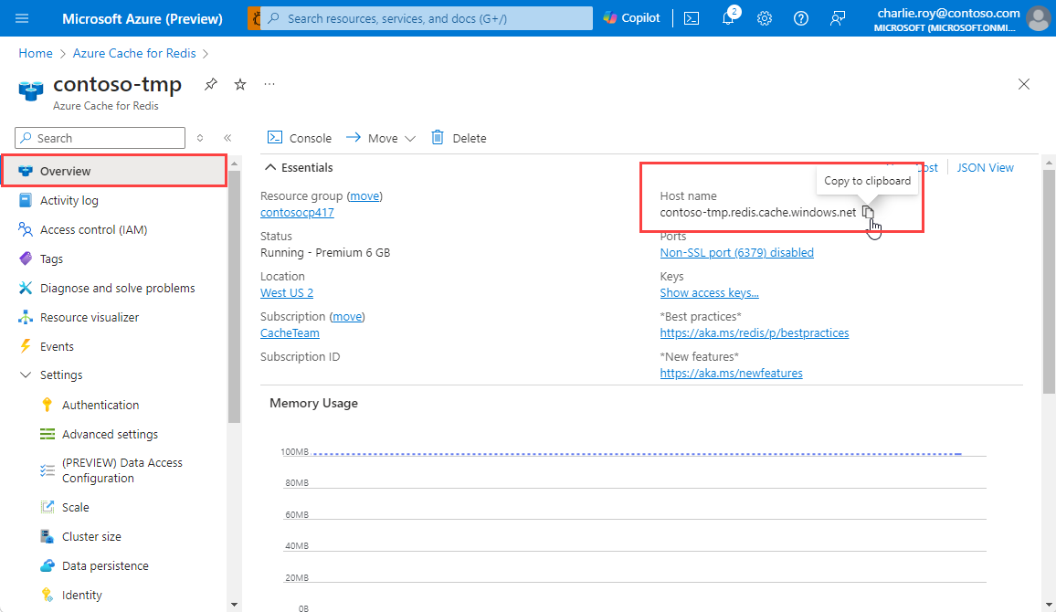 Capture d’écran montrant comment trouver et copier le nom d’hôte et les ports d’une instance d’Azure Cache pour Redis.