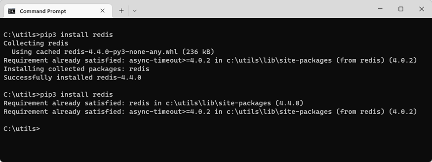 Capture d’écran d’un terminal montrant une installation de l’interface redis-py pour Azure Cache pour Redis.