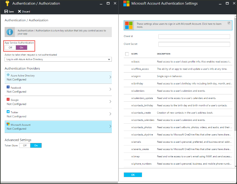 Capture d’écran montrant comment configurer l’authentification pour une application de fonction.