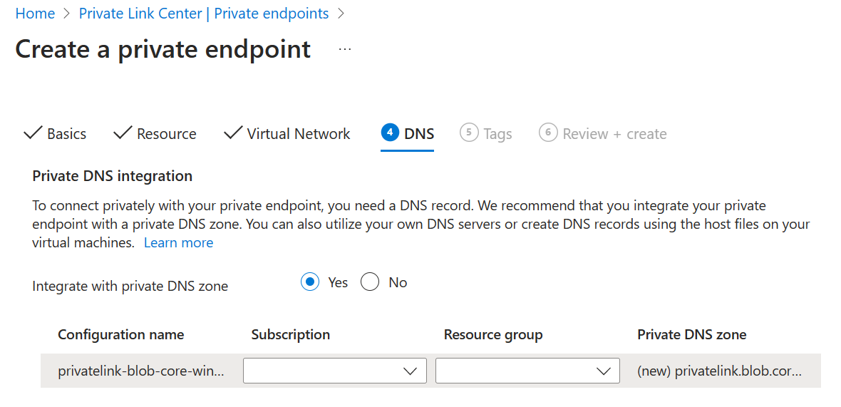 Capture d’écran montrant l’onglet DNS du processus de configuration du point de terminaison.