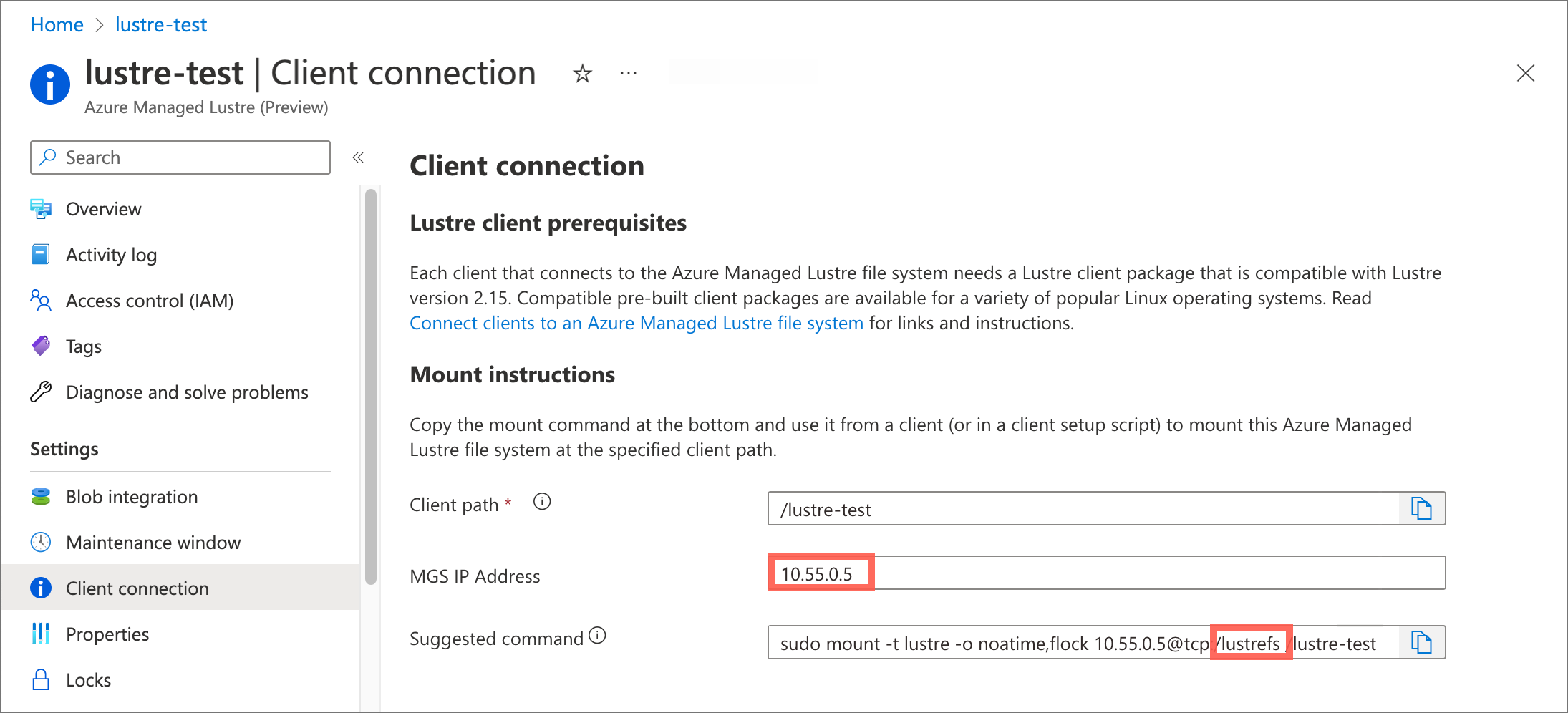 Capture d'écran du volet de connexion client dans le portail Azure. L'adresse IP de MGS et le nom « lustrefs » dans la commande mount sont mis en évidence.