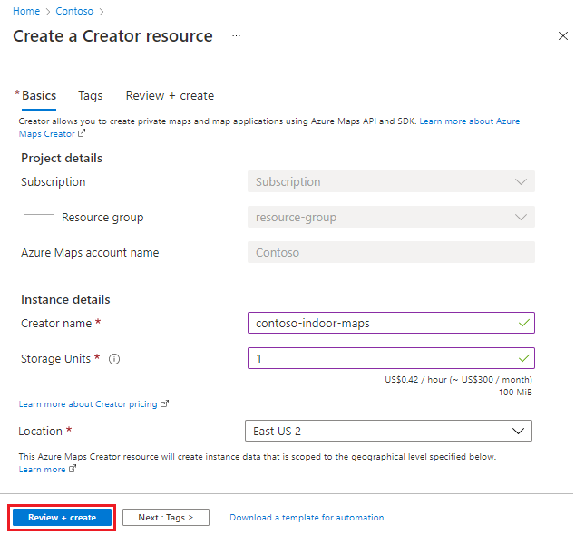 Capture d’écran de la page Azure Maps Créer une ressource Creator montrant le nom du créateur, les unités de stockage et les champs d’emplacement avec les valeurs suggérées et le bouton Vérifier + créer mis en évidence.