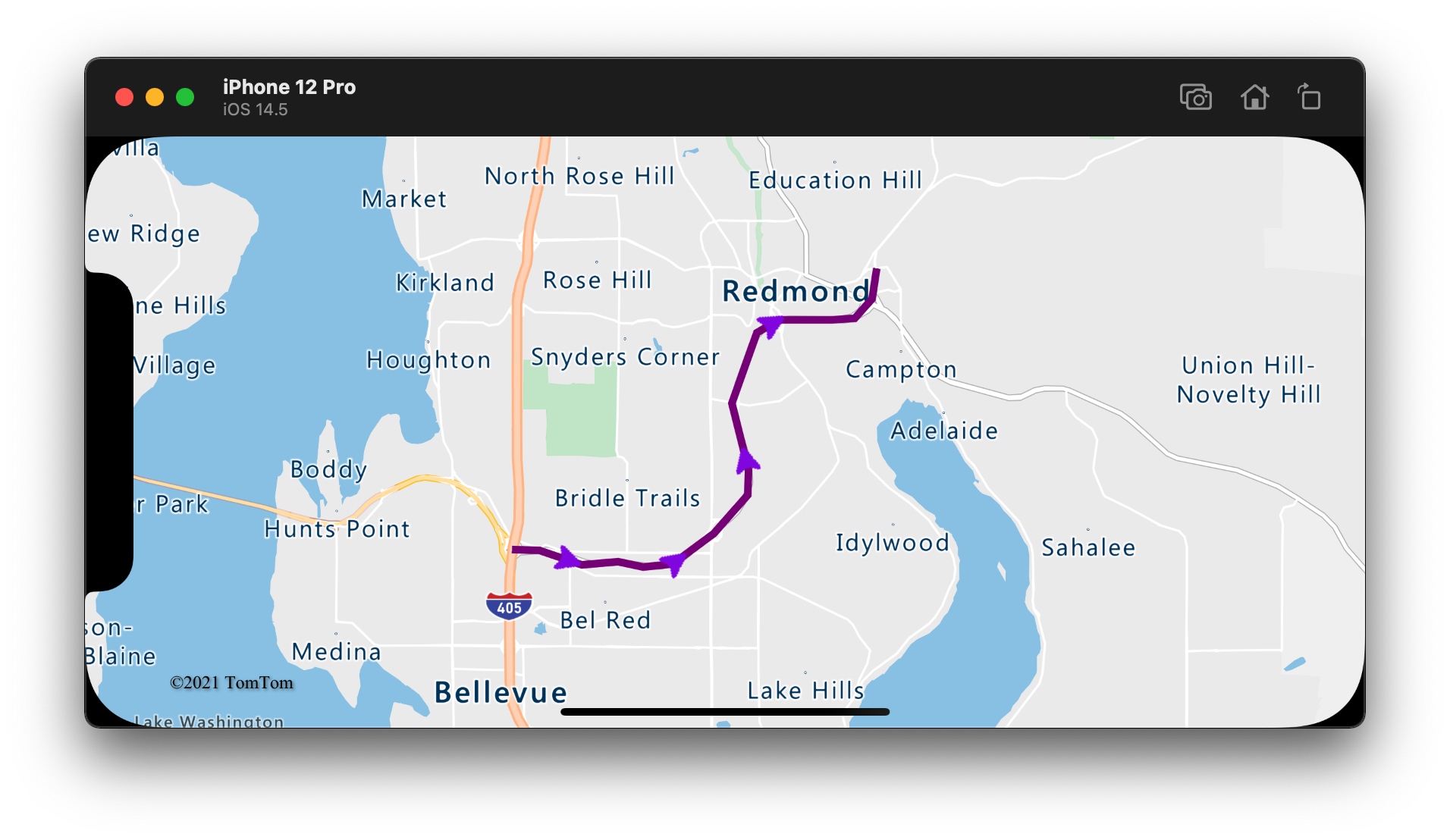 Ligne avec des icônes de flèche violette affichées le long de celle-ci pointant dans la direction de l’itinéraire.