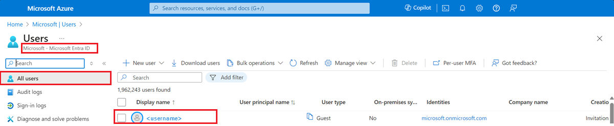 Capture d’écran montrant la page Tous les utilisateurs du Portail Azure. Les informations sur un utilisateur sont visibles mais indéchiffrables.