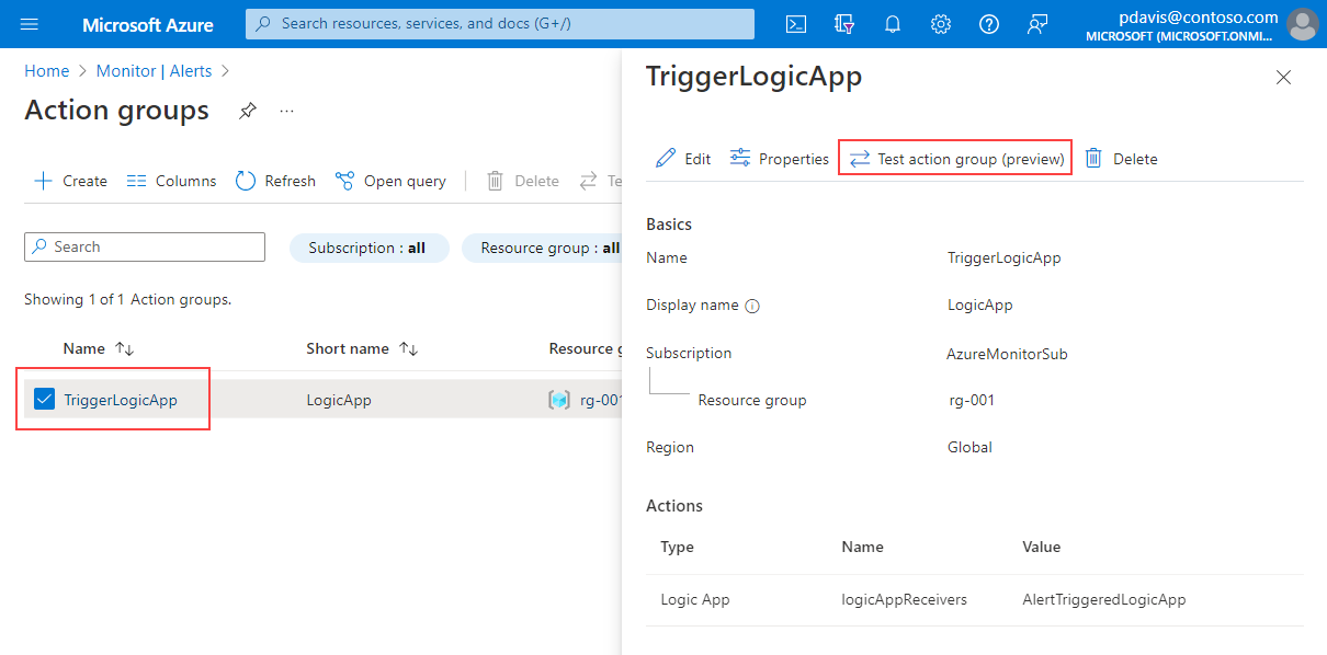 Capture d’écran montrant une page de détails du groupe d’actions avec l’option Tester le groupe d’actions.