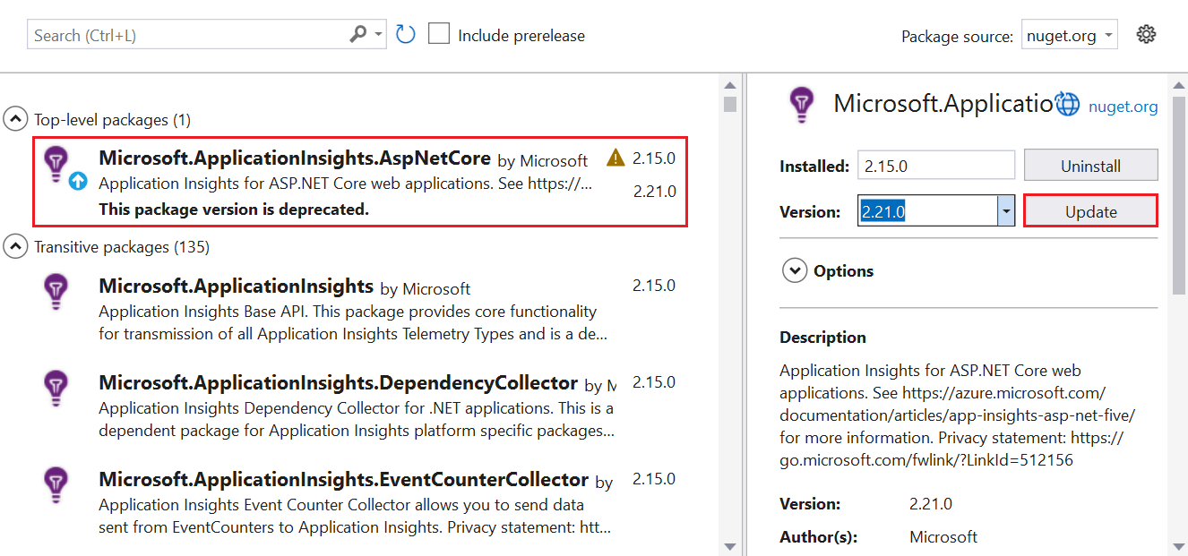 Capture d’écran montrant où sélectionner le package Application Insights pour la mise à jour.