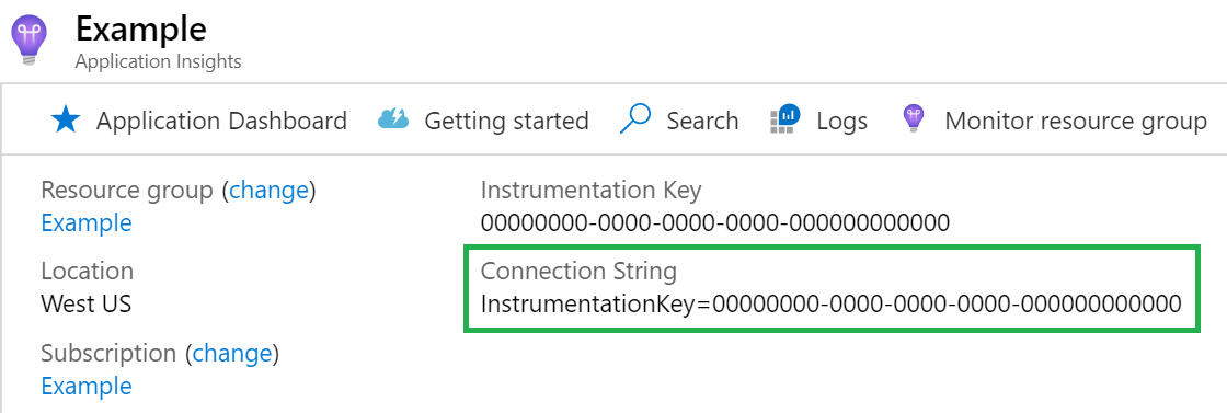 Capture d’écran montrant une chaîne de connexion Application Insights.