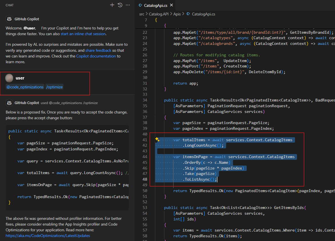 Capture d’écran des résultats de l’exécution de la commande optimize sur du code .NET sans l’option Code Optimizations activée.