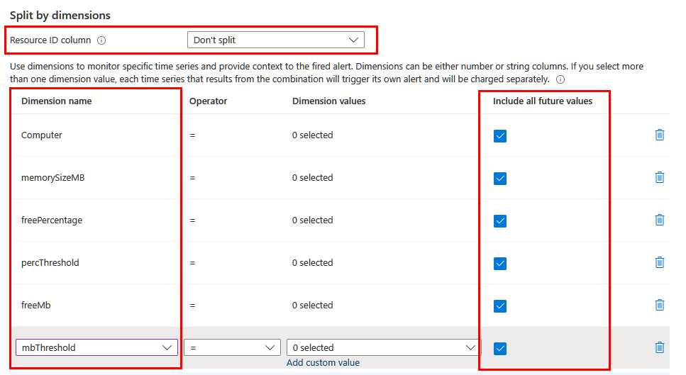 Capture d’écran montrant une nouvelle règle d’alerte de recherche dans les journaux avec fractionnement par plusieurs dimensions.