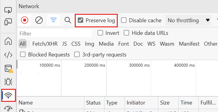 Capture d’écran mettant en évidence l’option Conserver le journal sous l’onglet Réseau dans Edge.