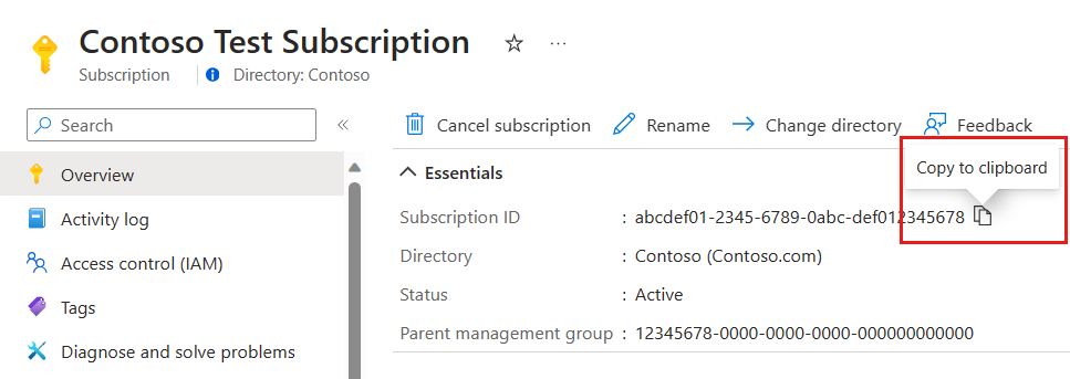 Capture d’écran montrant l’option permettant de copier un ID d’abonnement dans le portail Azure.