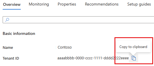 Capture d’écran montrant l’option permettant de copier un ID de locataire dans le portail Azure.