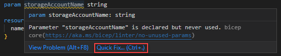 Capture d’écran du correctif rapide de la règle de linter des paramètres non utilisés.