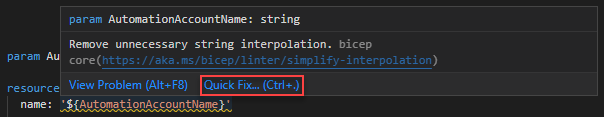 Capture d’écran de la fonctionnalité « correctif rapide » de règle linter pour simplifier l’interpolation.