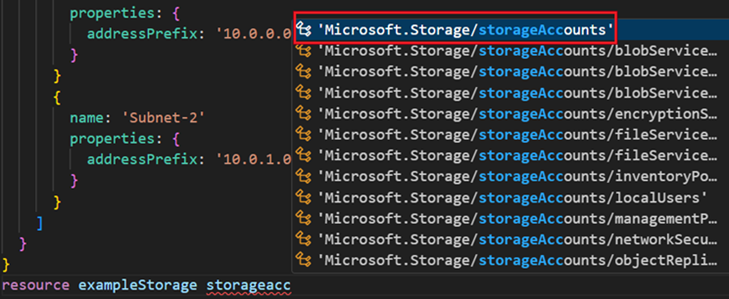 Capture d'écran de la sélection des comptes de stockage pour le type de ressource.