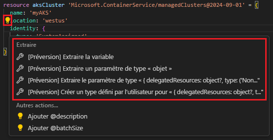 Capture d’écran de l’extraction de variable, de paramètre et de type.