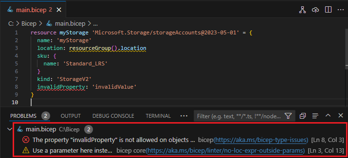 Capture d’écran du volet Problèmes de Visual Studio Code Bicep.