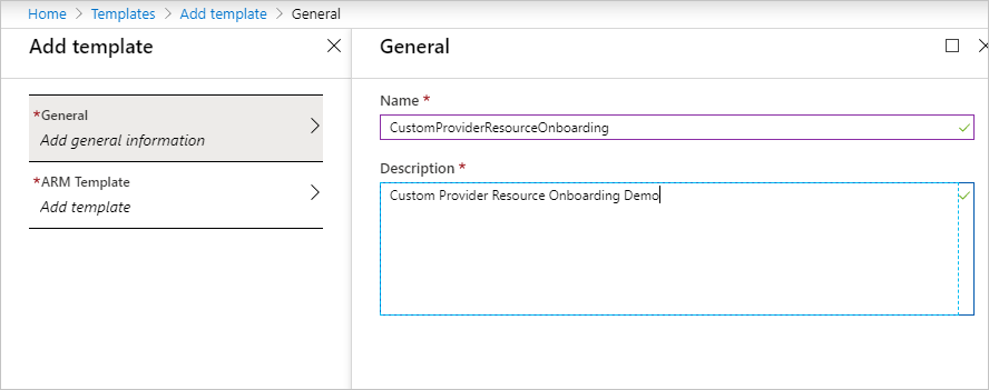 Capture d’écran de la section Général dans le Portail Azure dans laquelle l’utilisateur saisit un Nom et une Description pour le nouveau modèle.