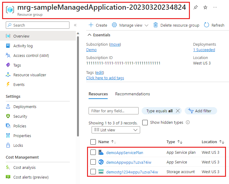 Capture d’écran du groupe de ressources managé qui contient la ressource déployée par la définition d’application managée.