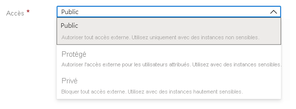 Capture d’écran de l’élément de l’interface utilisateur Microsoft.Common.DropDown avec une unique sélection et les descriptions de l’élément.