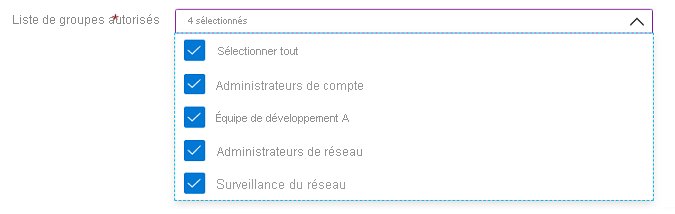 Capture d’écran de l’élément de l’interface utilisateur Microsoft.Common.DropDown avec la multisélection activée, notamment l’option Tout sélectionner.