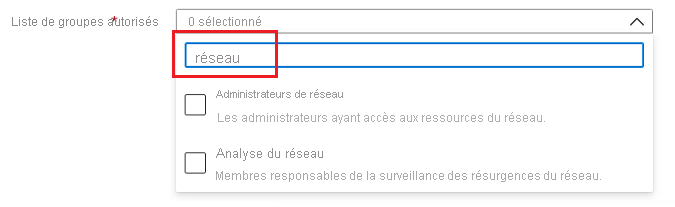 Capture d’écran de l’élément de l’interface utilisateur Microsoft.Common.DropDown avec la multisélection et le filtrage activés.