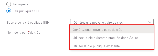 Capture d’écran de l’élément d’interface utilisateur combiné d’informations d’identification avec options pour clé publique SSH Linux.