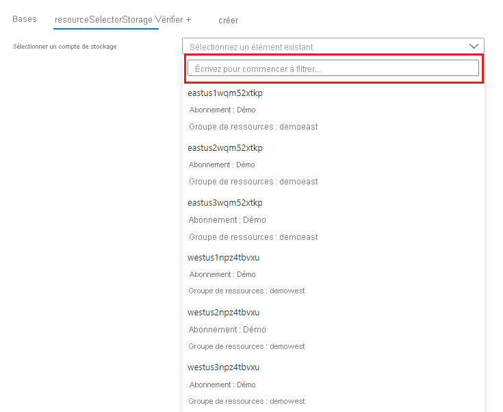 Capture d’écran de la liste du sélecteur de ressources de tous les comptes de stockage dans un abonnement.