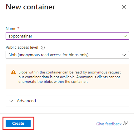 Capture d’écran de l’écran du nouveau conteneur pour entrer un nom et un niveau d’accès public.