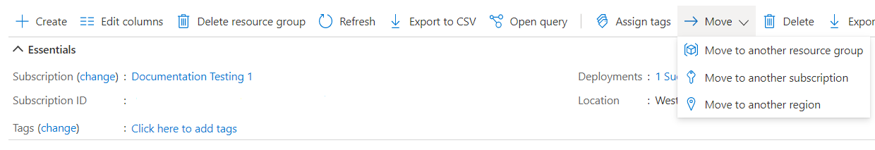 Capture d’écran du portail Azure affichant le bouton Déplacer avec trois options.