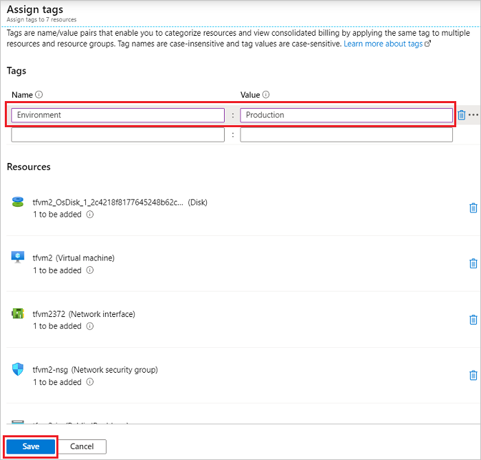 Capture d’écran du portail Azure avec la boîte de dialogue d’attribution de balises ouverte pour plusieurs ressources.