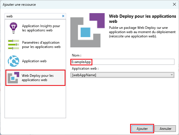 Capture d’écran de la fenêtre Ajouter une nouvelle ressource avec Web Deploy pour les applications web sélectionné.