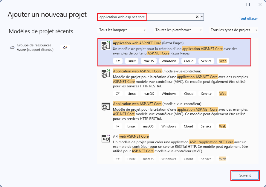 Capture d’écran de la fenêtre Nouveau projet dans une application web ASP.NET Core sélectionnée.