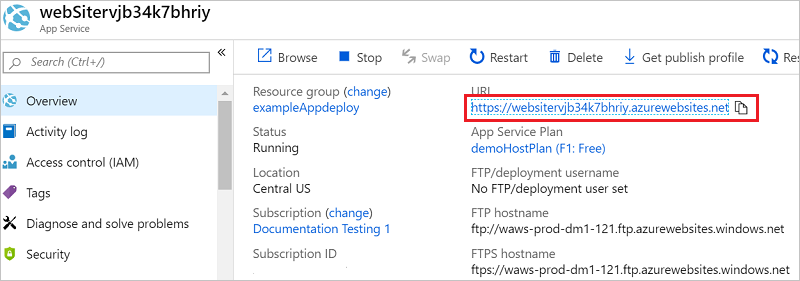 Capture d’écran du Portail Azure affichant la ressource d’application web avec l’URL mise en surbrillance.