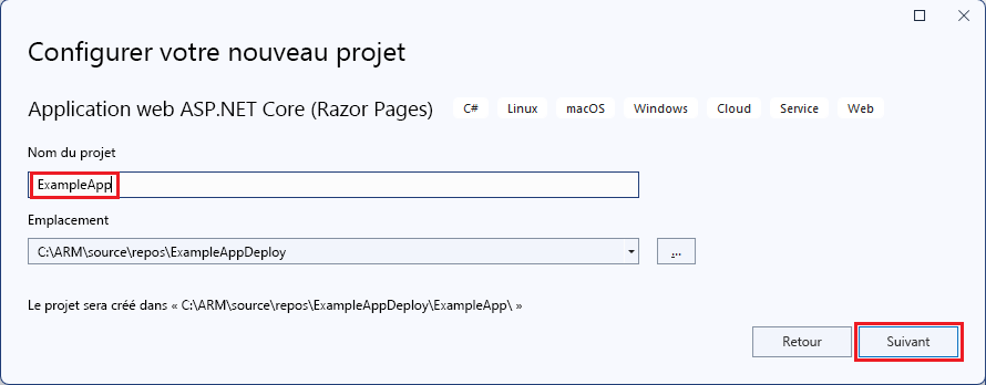 Capture d’écran de la fenêtre de nommage de projet pour l’application web ASP.NET Core.