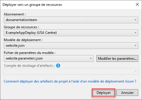 Capture d’écran de la boîte de dialogue Déployer vers un groupe de ressources dans Visual Studio.