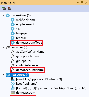 Capture d’écran de la fenêtre Structure JSON affichant la ressource Compte de stockage ajoutée.