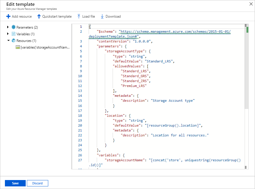 Capture d’écran de la modification d’un modèle JSON sur le Portail Azure