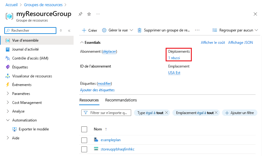 Capture d’écran de la sélection de l’historique des déploiements dans le Portail Azure.