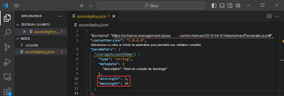 Capture d’écran de l’ajout de minLength et de maxLength à un paramètre de modèle ARM.