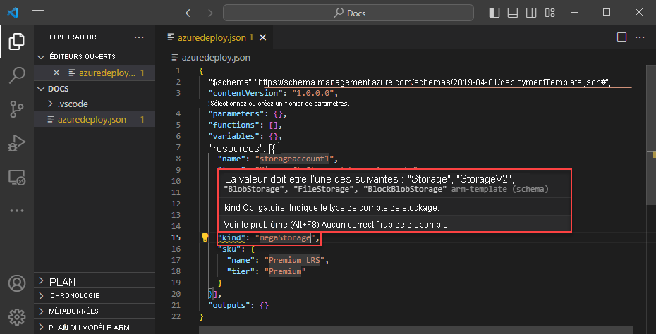 Capture d’écran d’une configuration de stockage non valide.