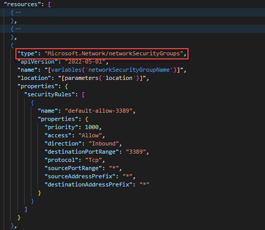 Capture d'écran de Visual Studio Code montrant la définition du groupe de sécurité réseau dans un modèle ARM.