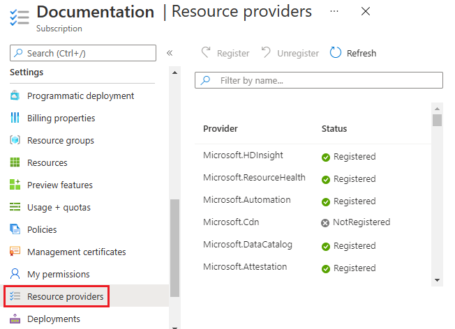 Capture d’écran du portail Azure présentant les paramètres d’un abonnement avec l’option Fournisseurs de ressources mise en évidence.