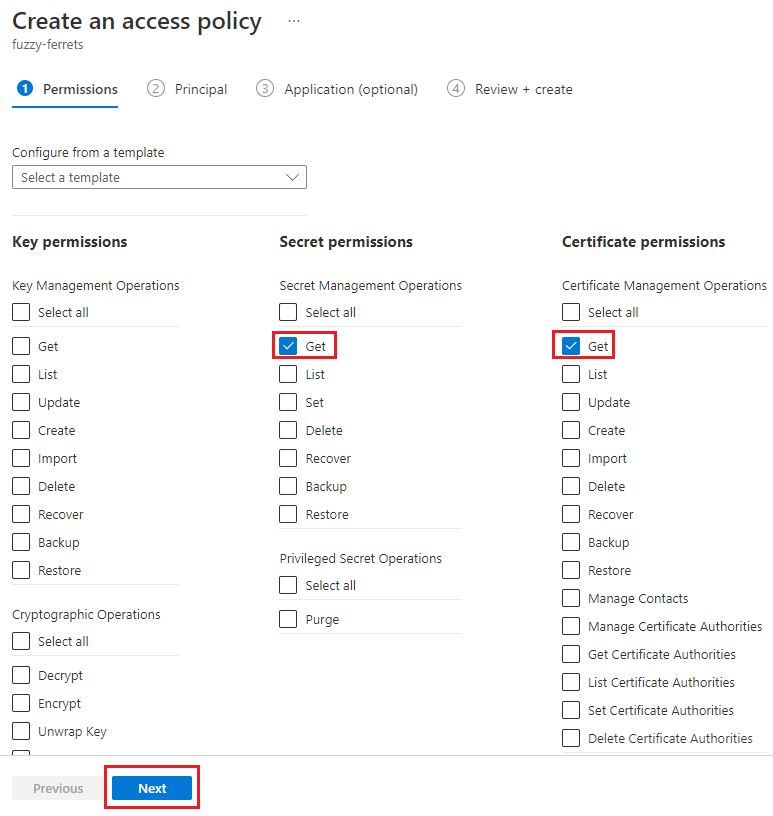 Capture d’écran de l’onglet Autorisations dans la page Créer une stratégie d’accès de Key Vault.