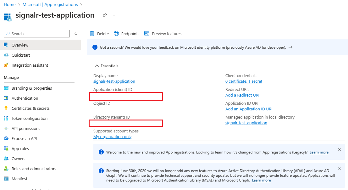 Capture d’écran des informations de vue d’ensemble d’une application inscrite.